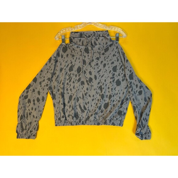 Lush Turtleneck Drawstring Sweatshirt Top Womens S Grey Leopard Long Sleeve NWT - Picture 1 of 6